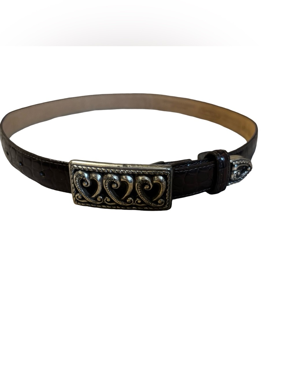 Talbots 1”Brown Croc Belt Silver Heart Buckle Sz S- Vintsge preppy belt